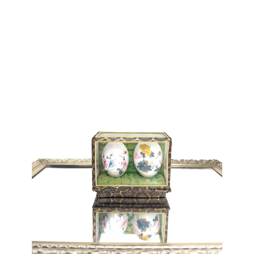 Beautiful Vintage Hand Painted Chinese Eggs with Florals in Glass Display Case